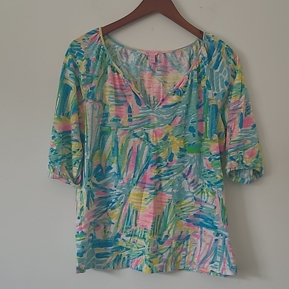 Lilly Pulitzer Linzy Top Sea Salt Sun Print Long Sleeve V-Neck Cotton Top